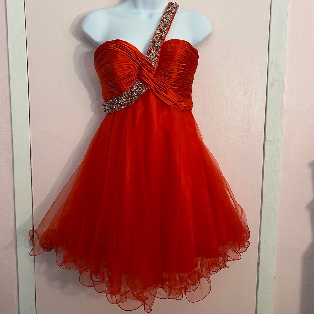 WORN ONCE Red Satin/Tulle One Shoulder Mini Dress